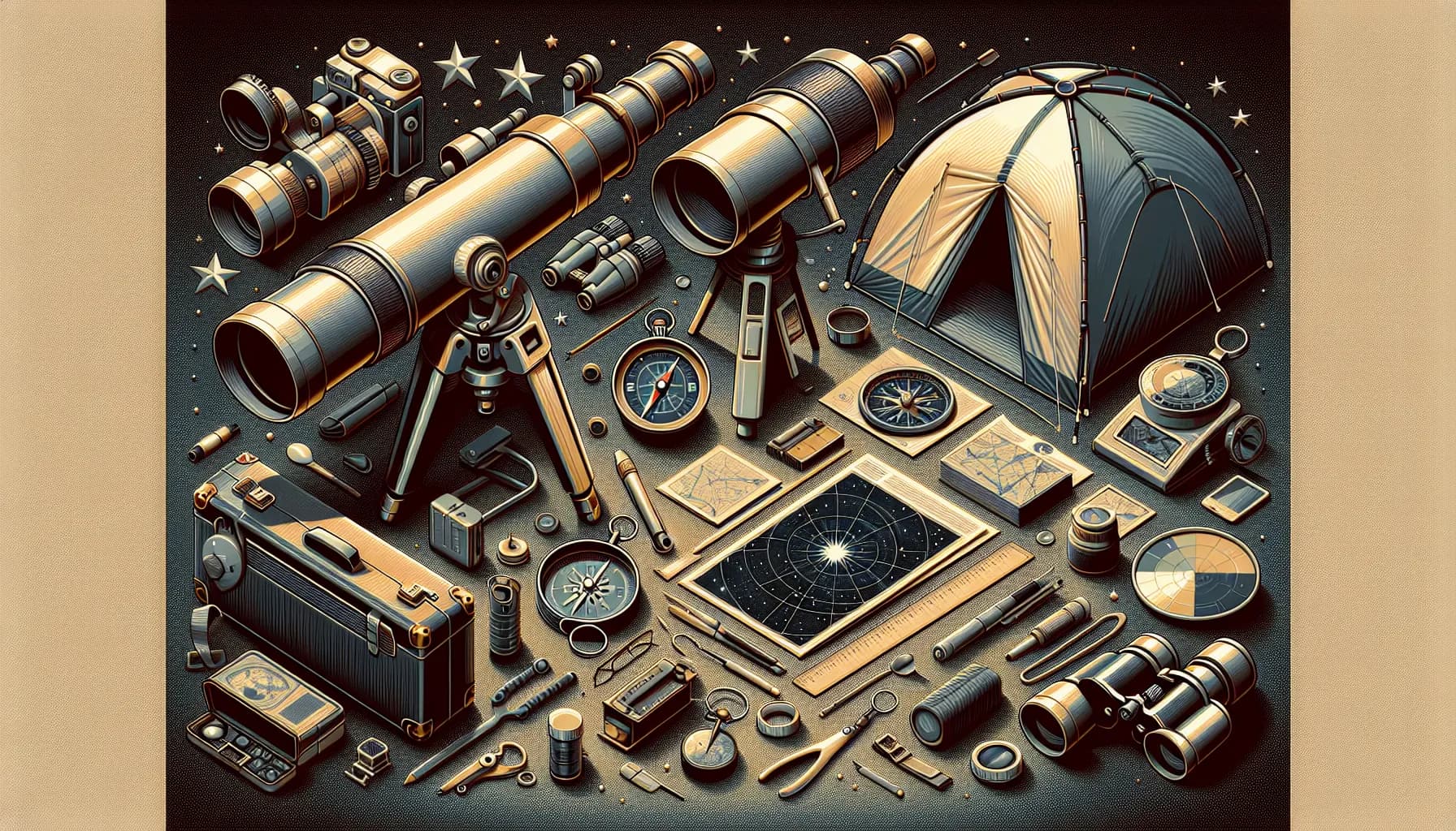 Stargazer's toolkit: an assembly of telescopes, maps, and navigational tools under the cosmic sky