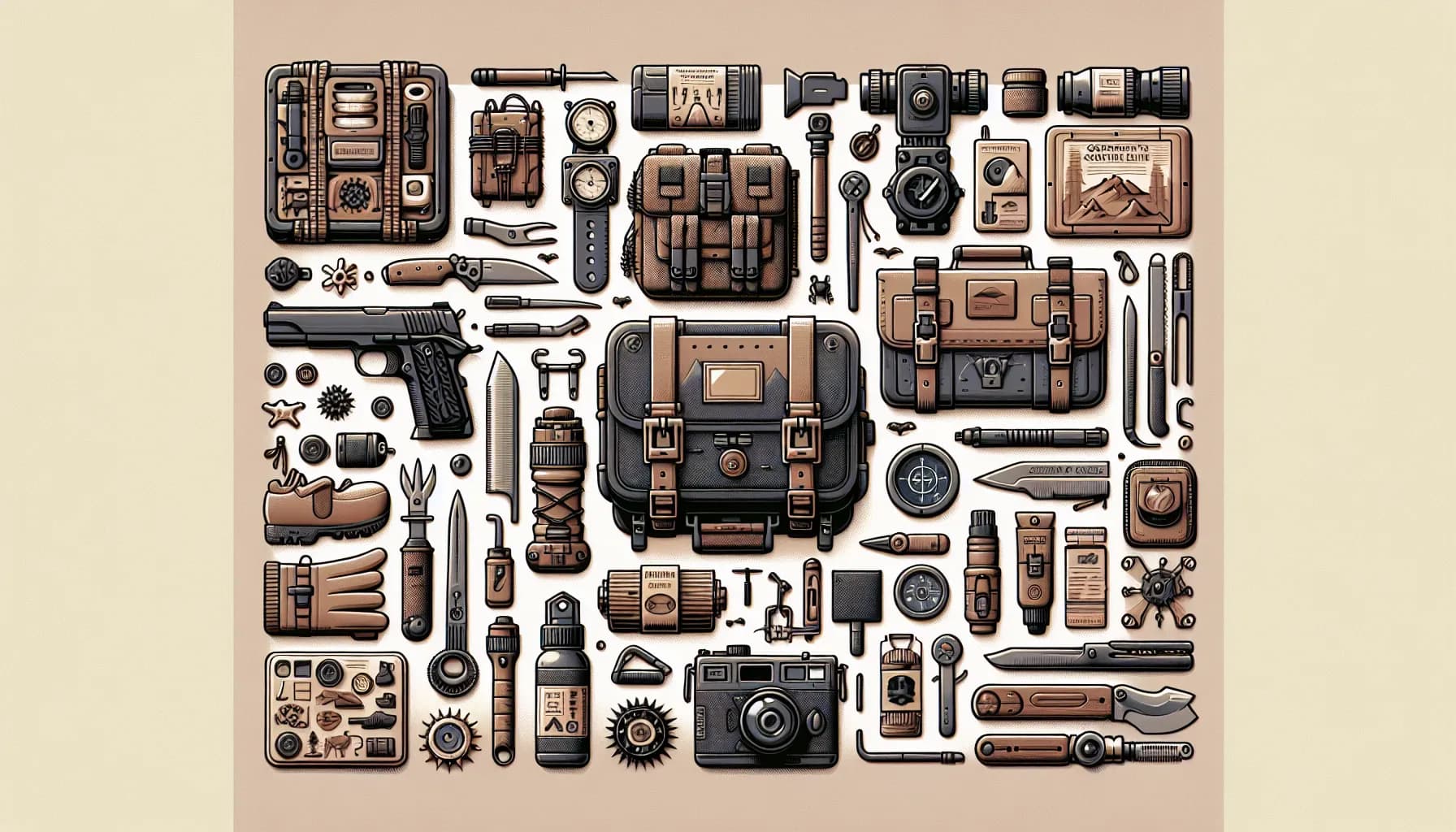 Essential gear for the modern explorer neatly arranged