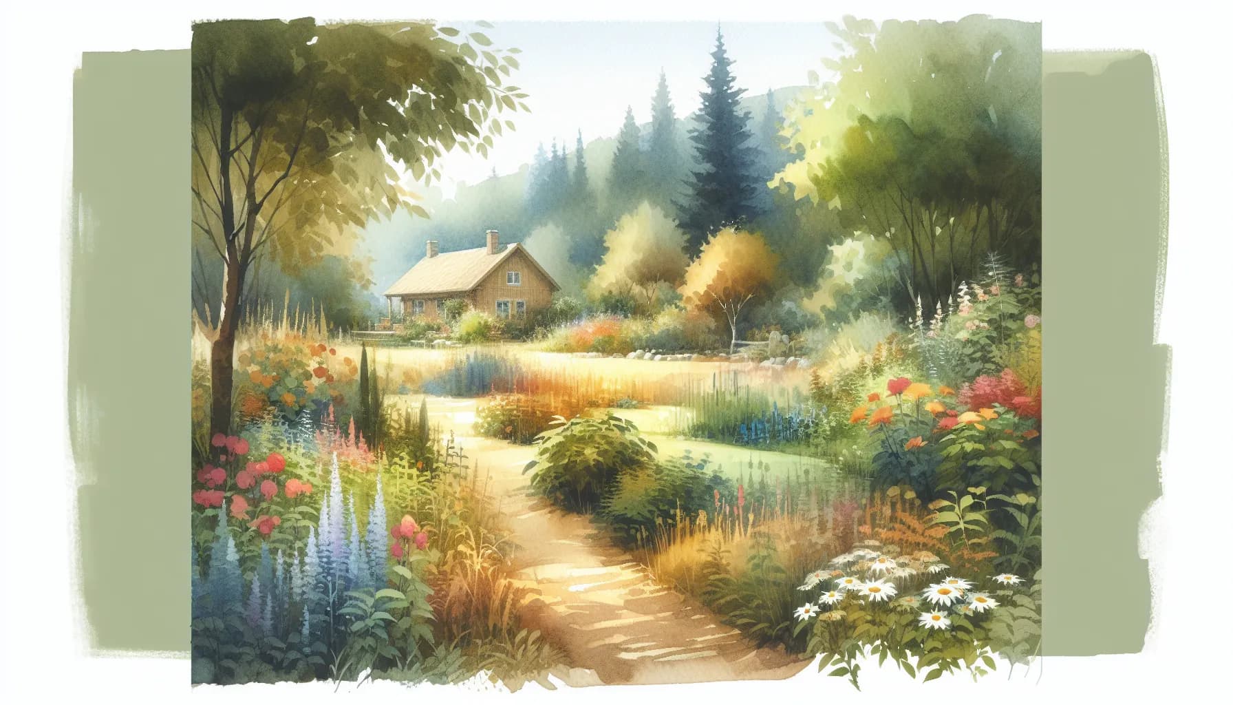 A serene country pathway leads to a quaint cottage nestled among vibrant flowers and lush greenery, inviting a peaceful walk in nature's embrace.