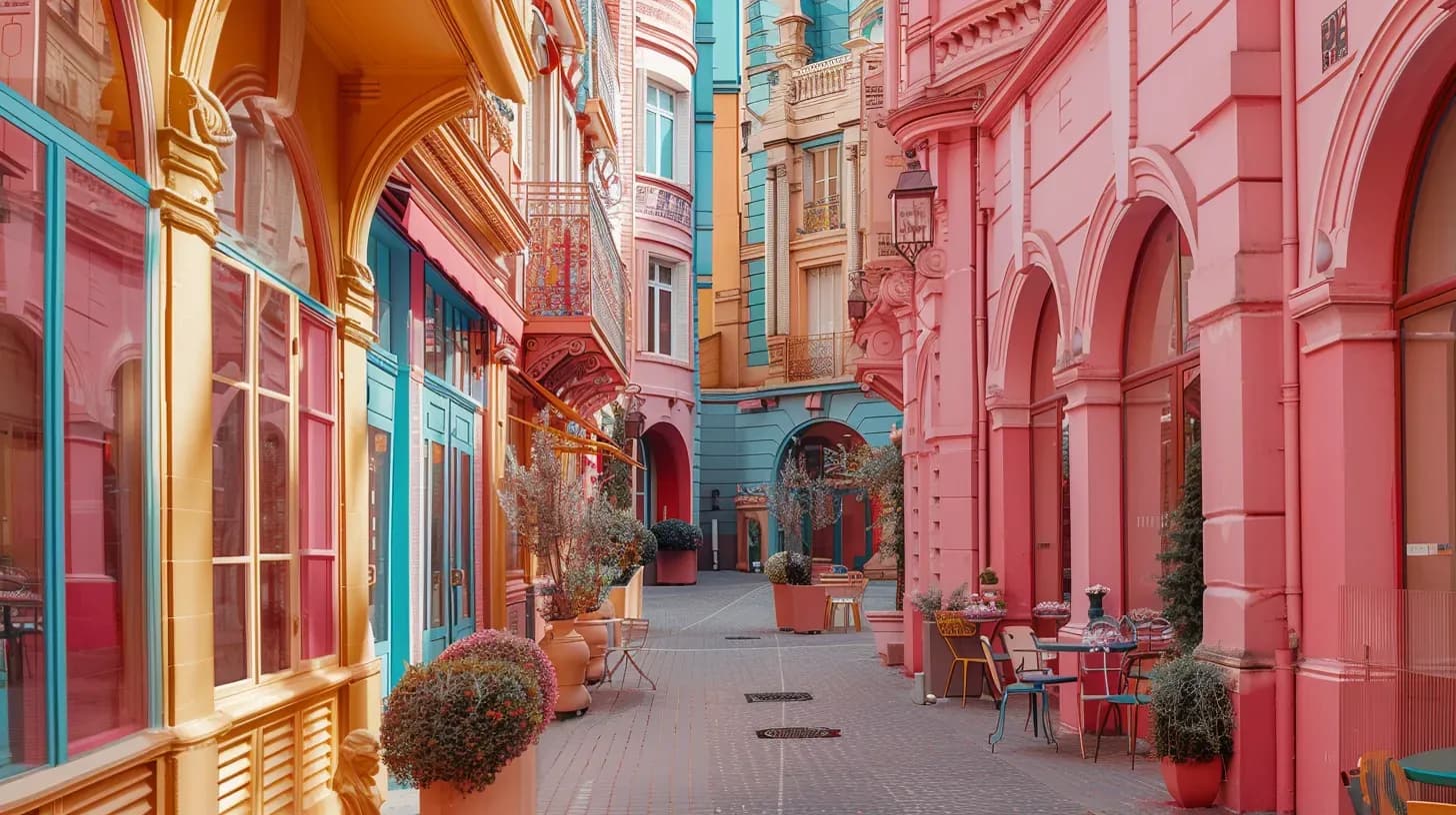 A colorful alley with pink and blue buildings, outdoor seating, and potted plants.