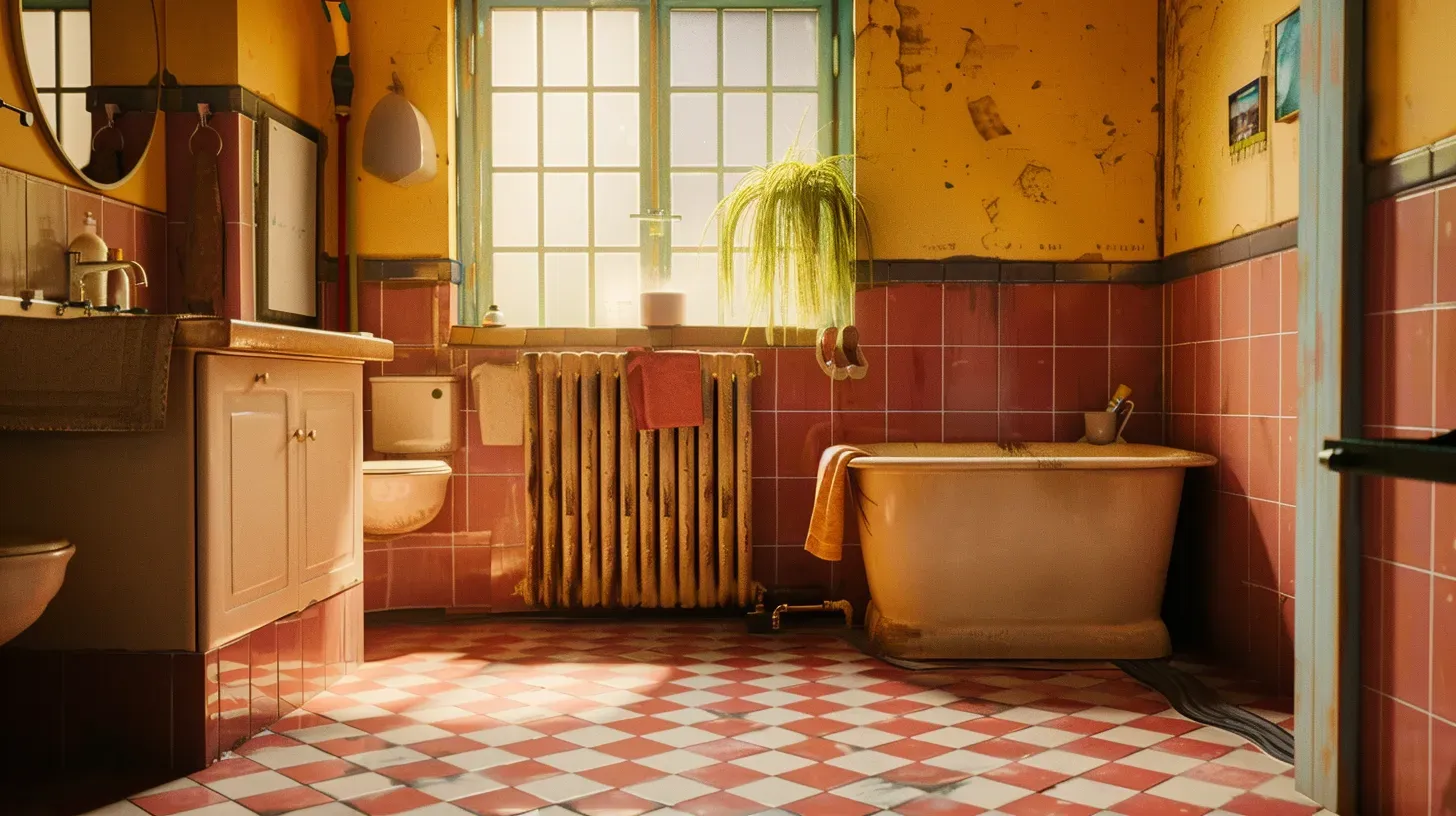 Vintage-style bathroom with a claw-foot tub, sink, radiator, checkered floor, and yellow walls.