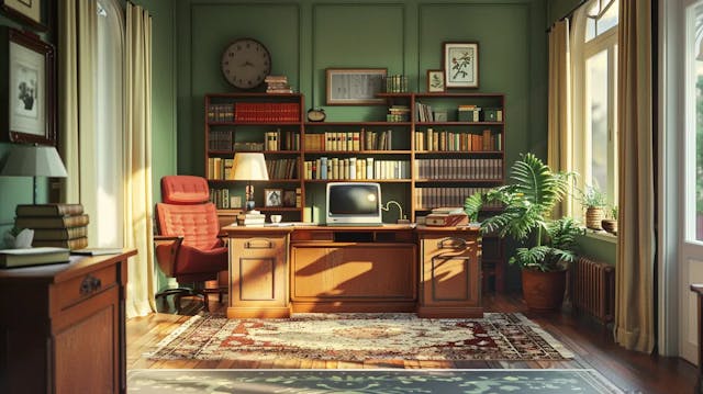 A cozy home office with a desk, computer, bookshelves, plants, and a comfortable chair.