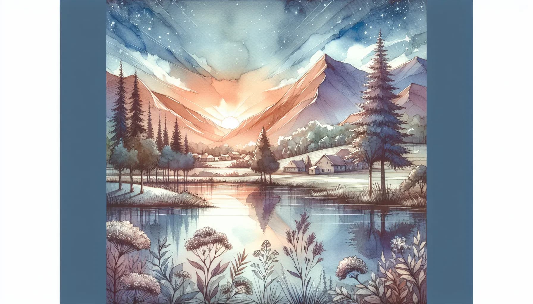 Dawn breaks over a serene mountain lake, casting a warm glow and reflecting the promise of a new day in nature's mirror.