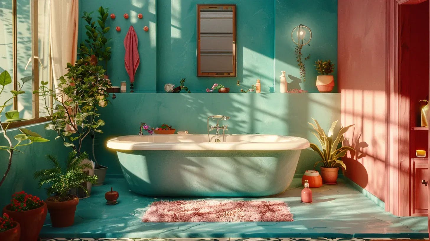 A vibrant bathroom with a tub, plants, and sunlight casting shadows on the walls.