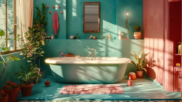 A vibrant bathroom with a tub, plants, and sunlight casting shadows on the walls.