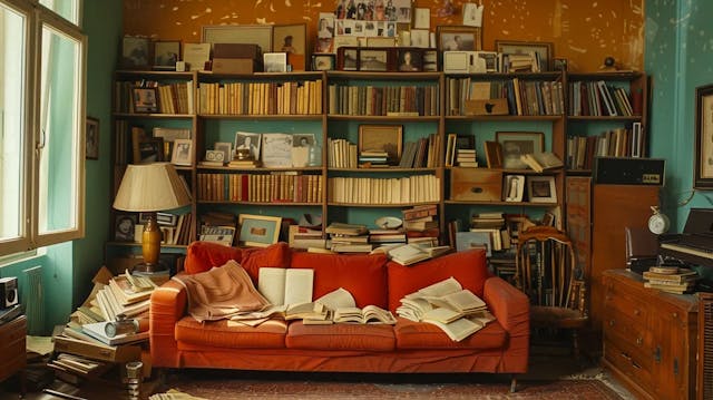 A cozy, vintage room with bookshelves, a red couch, books, photos, a typewriter, and a piano.