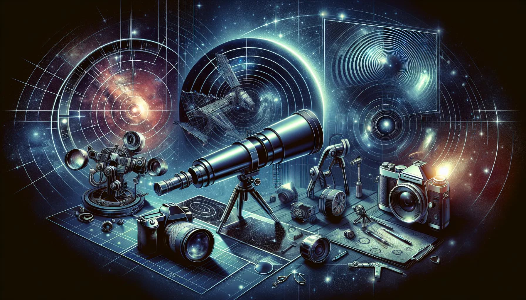 Exploring the cosmos through the lens of technology: telescopes, vintage cameras, and celestial maps lighting up the universe's mysteries.