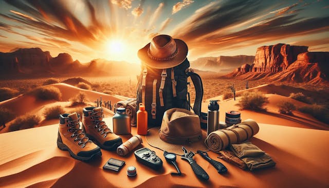 Sunset over the desert as an adventurer's gear tells the story of a day's journey