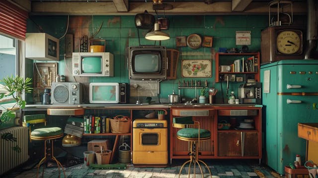 A vintage kitchen with old appliances, TV sets, and quirky decor.