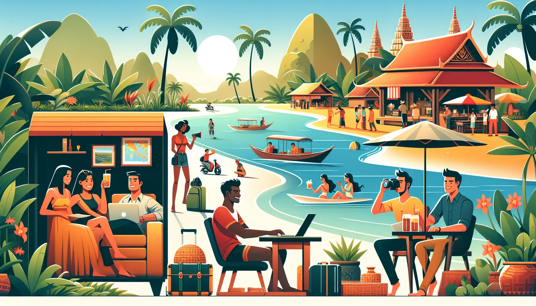 A vibrant scene of daily life by the river in a picturesque tropical village, showcasing a blend of traditional culture and modern lifestyle.