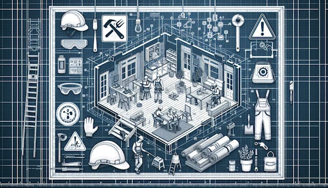 Blueprint of a bustling science lab with icons representing various safety and scientific equipment