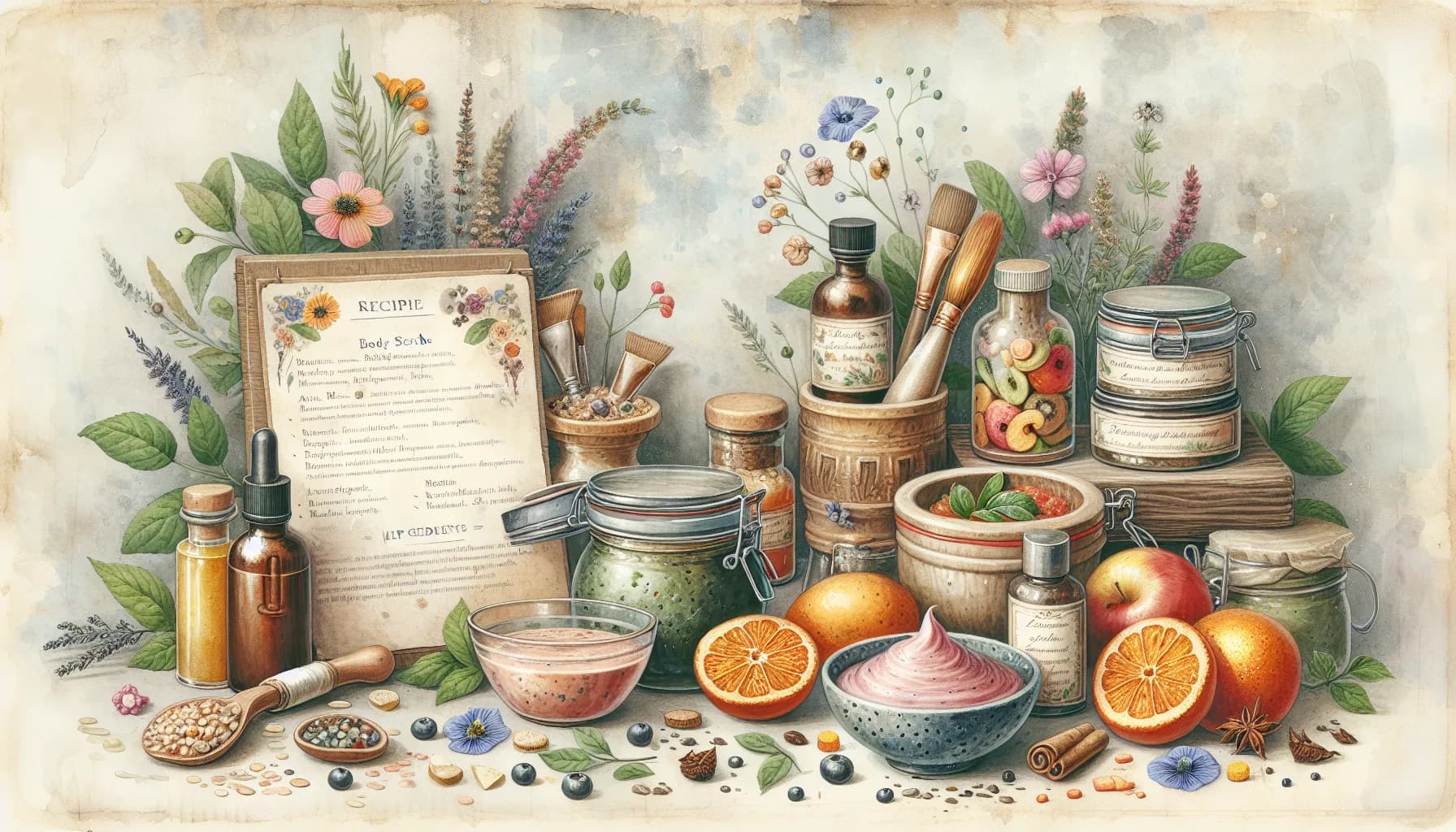 A vintage botanical illustration of a natural apothecary setup featuring herbal remedies, citrus fruits, essential oils, and ancient manuscripts surrounded by lush greenery and flowers