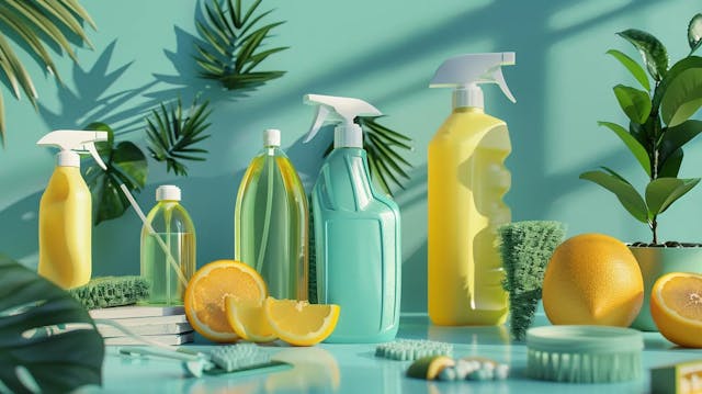 Assorted eco-friendly cleaning products arranged with fresh oranges and greenery on a blue background.
