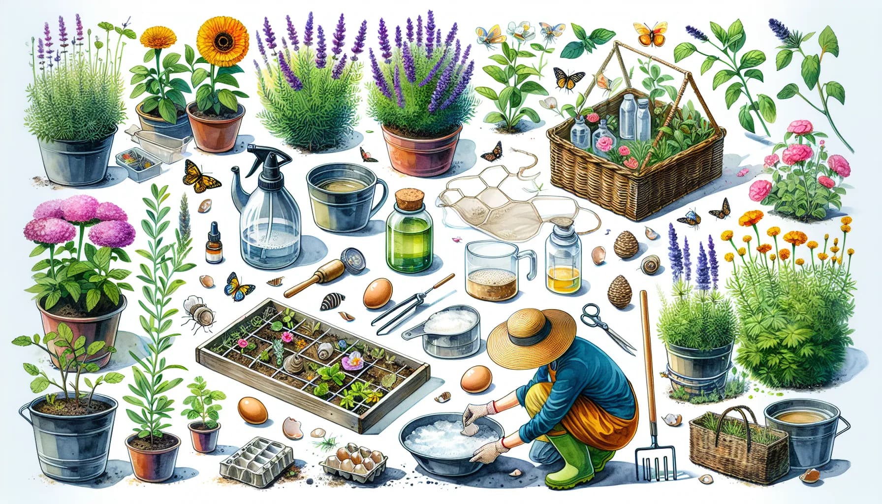 A gardener immersed in planting seeds in a tray while surrounded by an assortment of lush houseplants, gardening tools, and a basket of harvested vegetables, illustrating a busy yet harmonious day in a botanical oasis.
