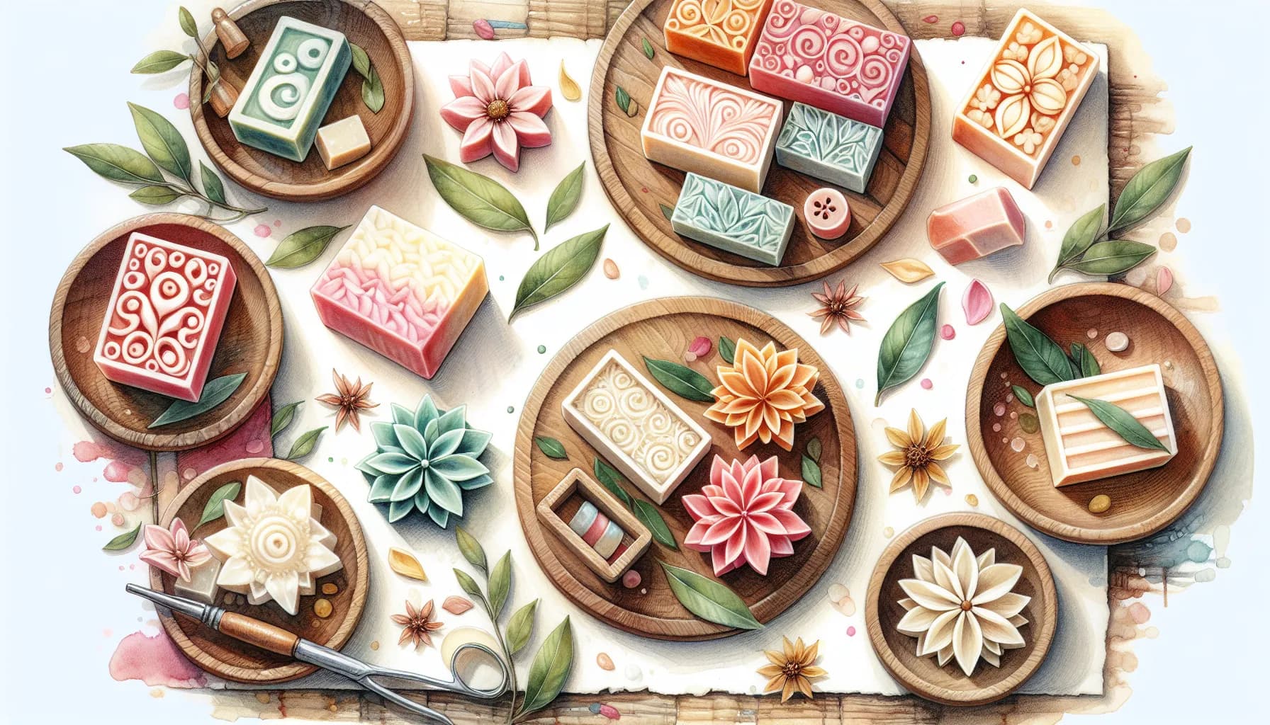 A charming assortment of intricately carved soap bars displayed on rustic plates, adorned with botanical accents, creating a picturesque tableau of artisanal craftsmanship and natural beauty.