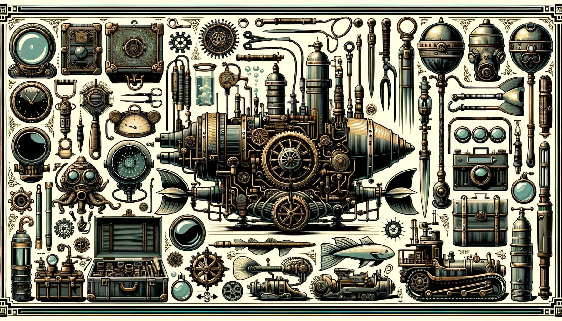 A steampunk enthusiast's dream: an intricate assembly of vintage gadgets and mechanical parts, highlighted by a central zeppelin ready for fantastical adventures.