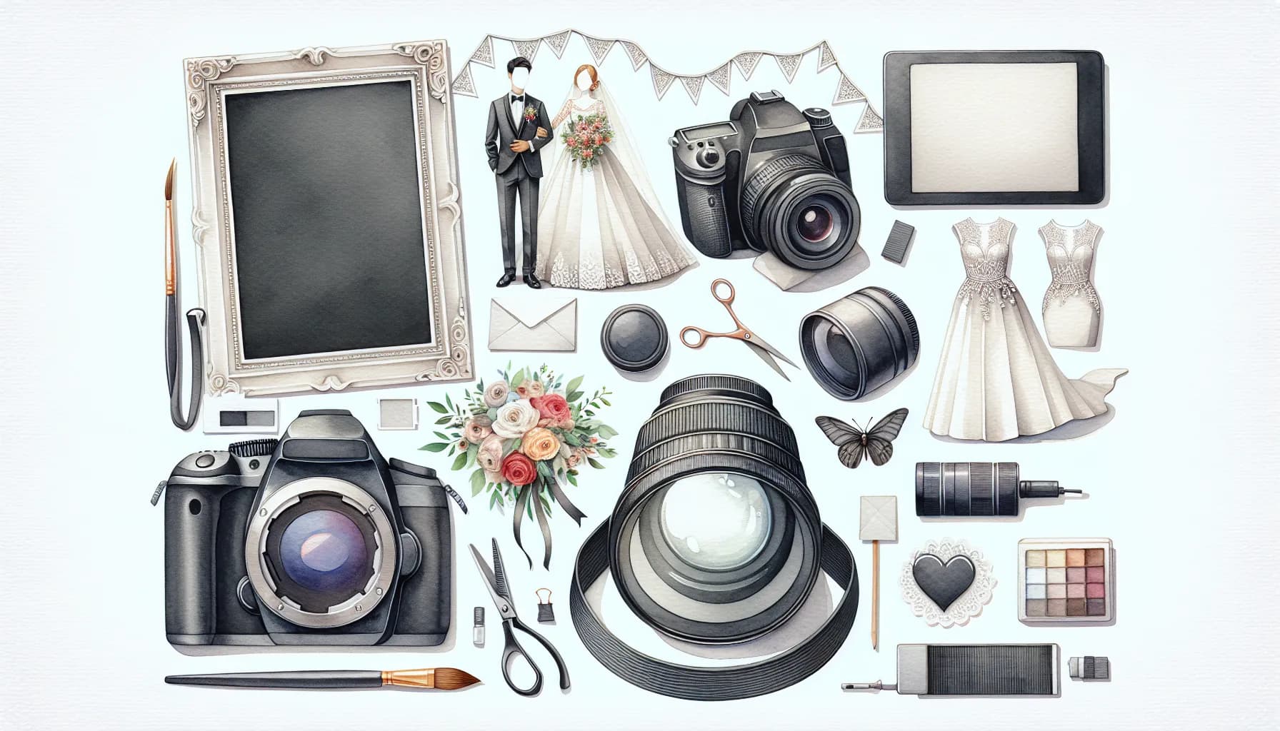 Wedding photography essentials featuring cameras, lenses, and themed accessories