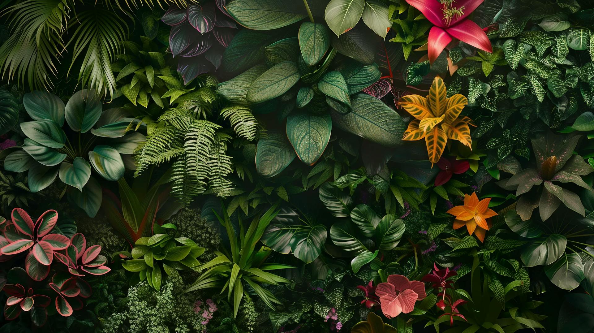 Lush tropical foliage background with a variety of vibrant green leaves and colorful flowers.