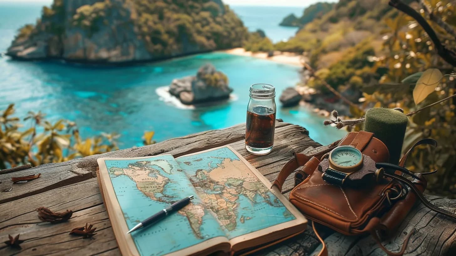 Travel essentials on a wooden table overlooking a stunning turquoise bay, featuring a world map, compass, camera, and tropical backdrop.