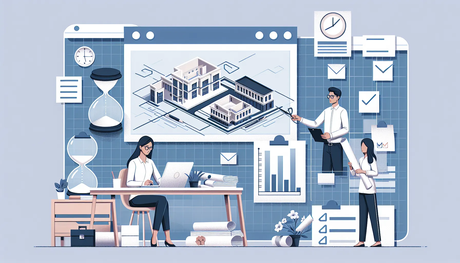 Team of architects and designers collaborating on a digital 3D building project in a high-tech office environment