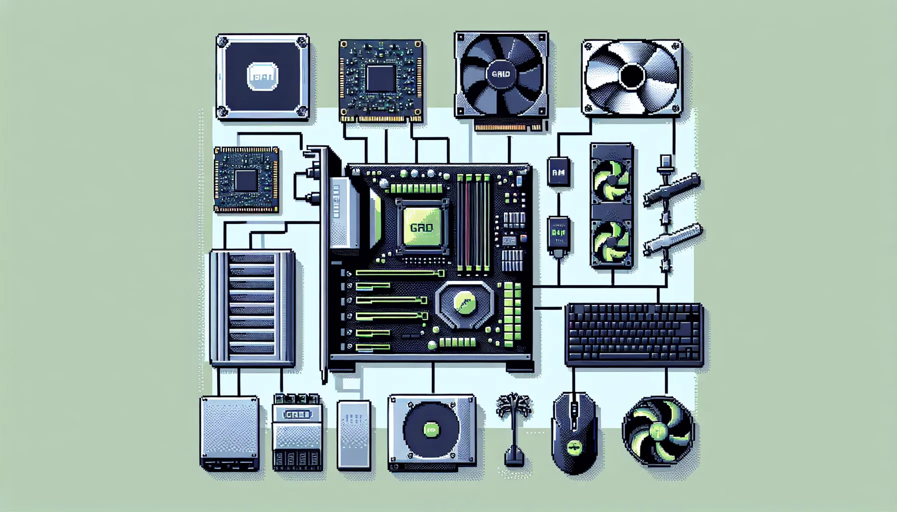 Computer hardware components neatly arranged for assembly