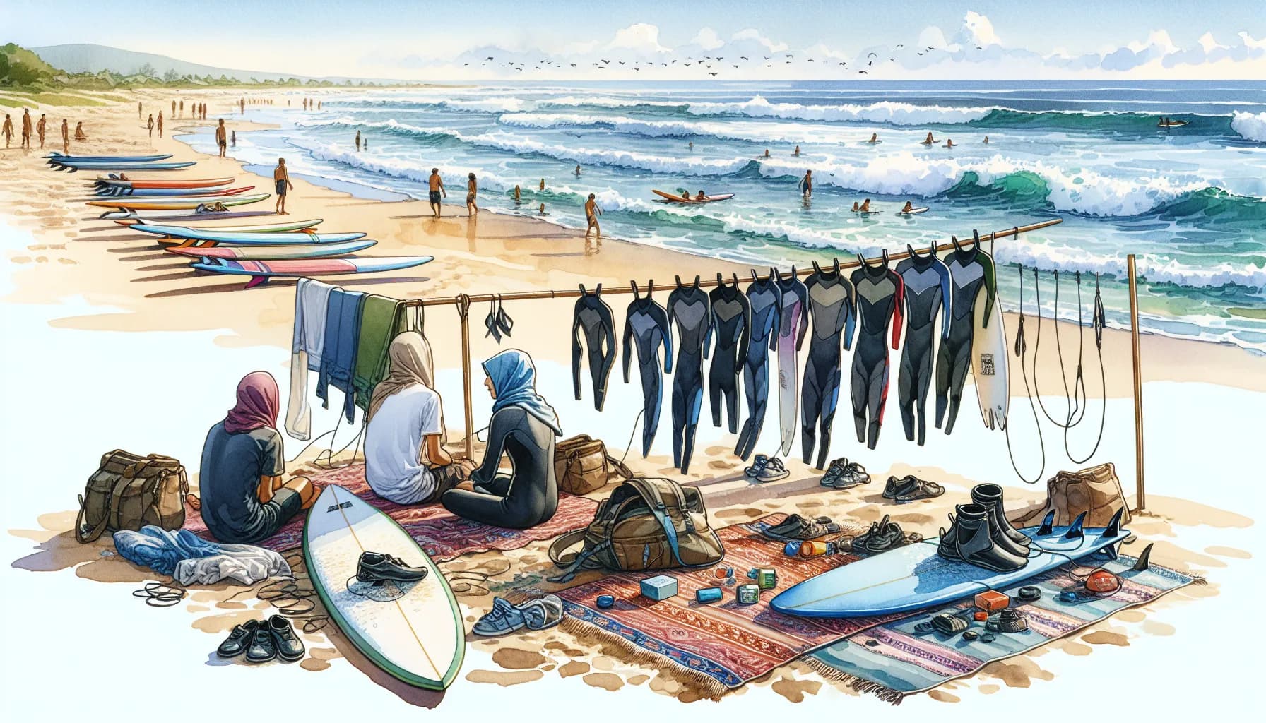 Surfers relaxing on the beach with their gear drying in the sun after a day of riding the waves