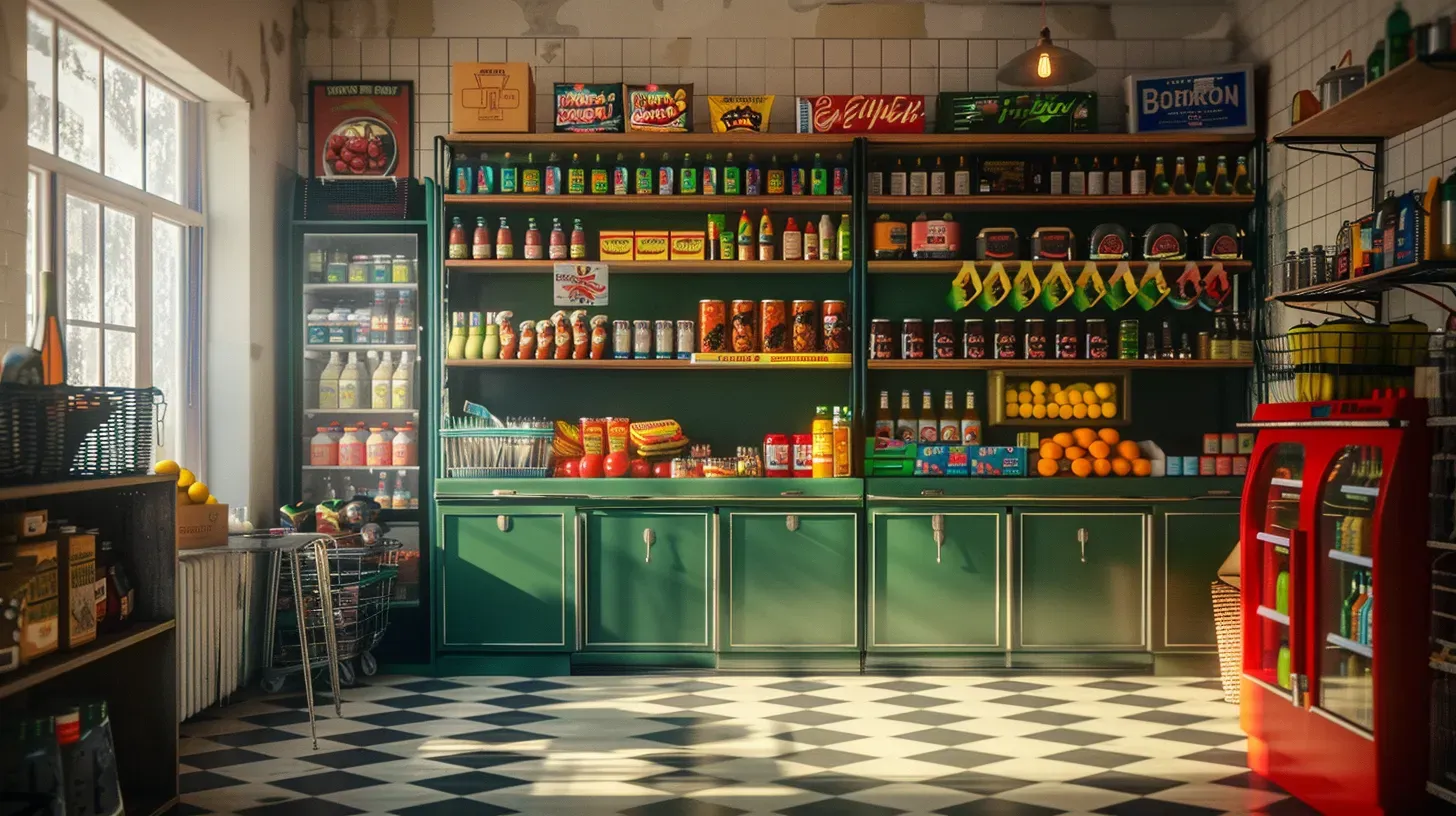 Pastel-colored boutique grocery store interior with various products displayed on shelves.