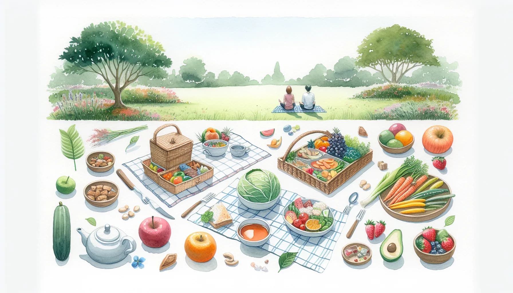 A delightful summer picnic spread with an array of fresh fruits, vegetables, and food laid out on a blanket in a serene park setting, where two people enjoy a peaceful day surrounded by nature.