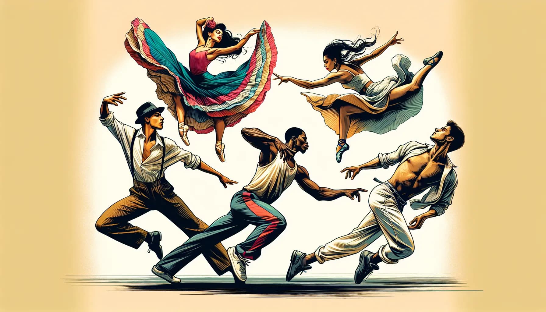Dancers caught in a vibrant leap, embodying a whirlwind of cultural expression and dynamic motion