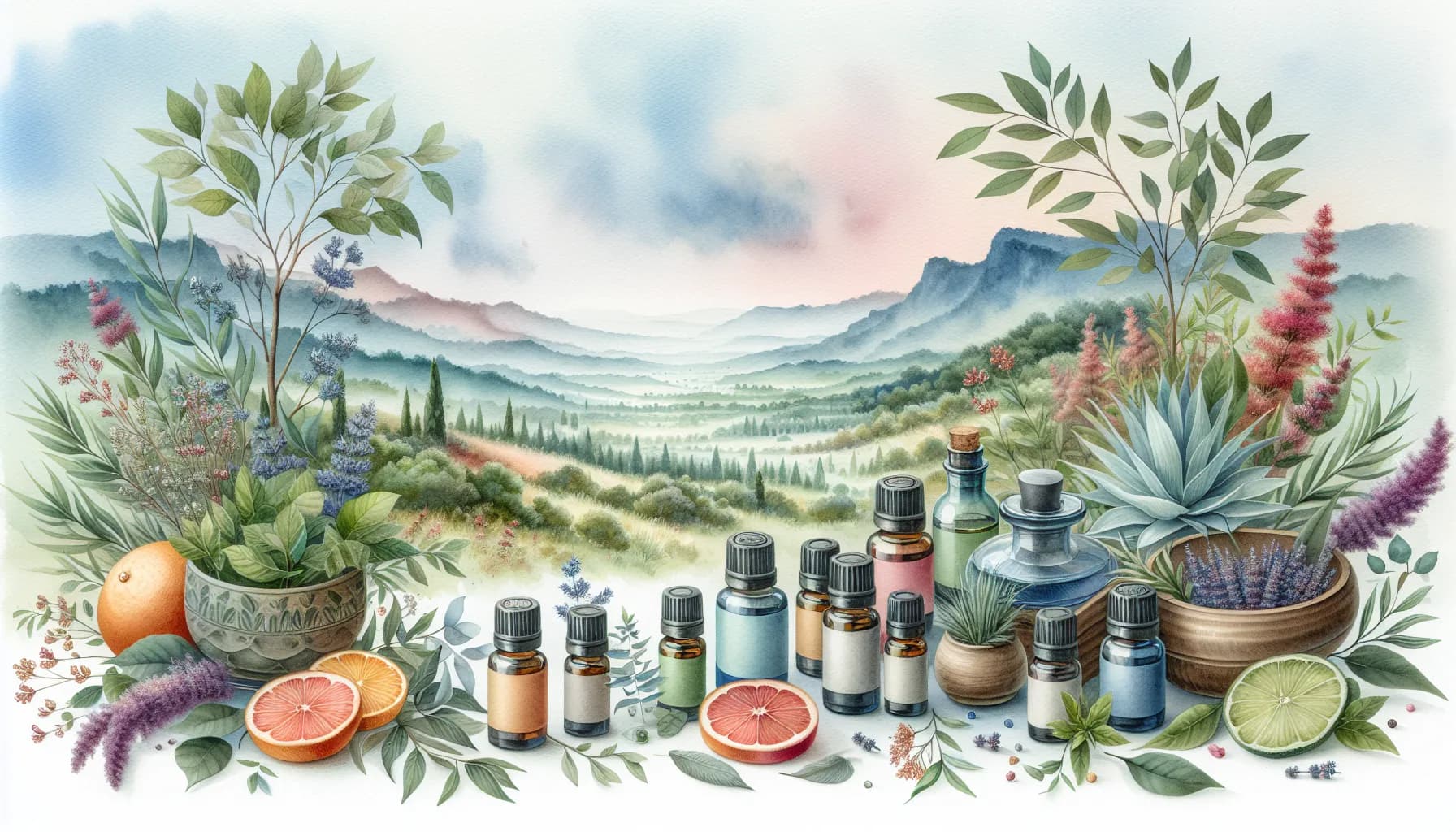 Essential oils and natural ingredients arrayed before a serene landscape, embodying the harmony of nature and wellness