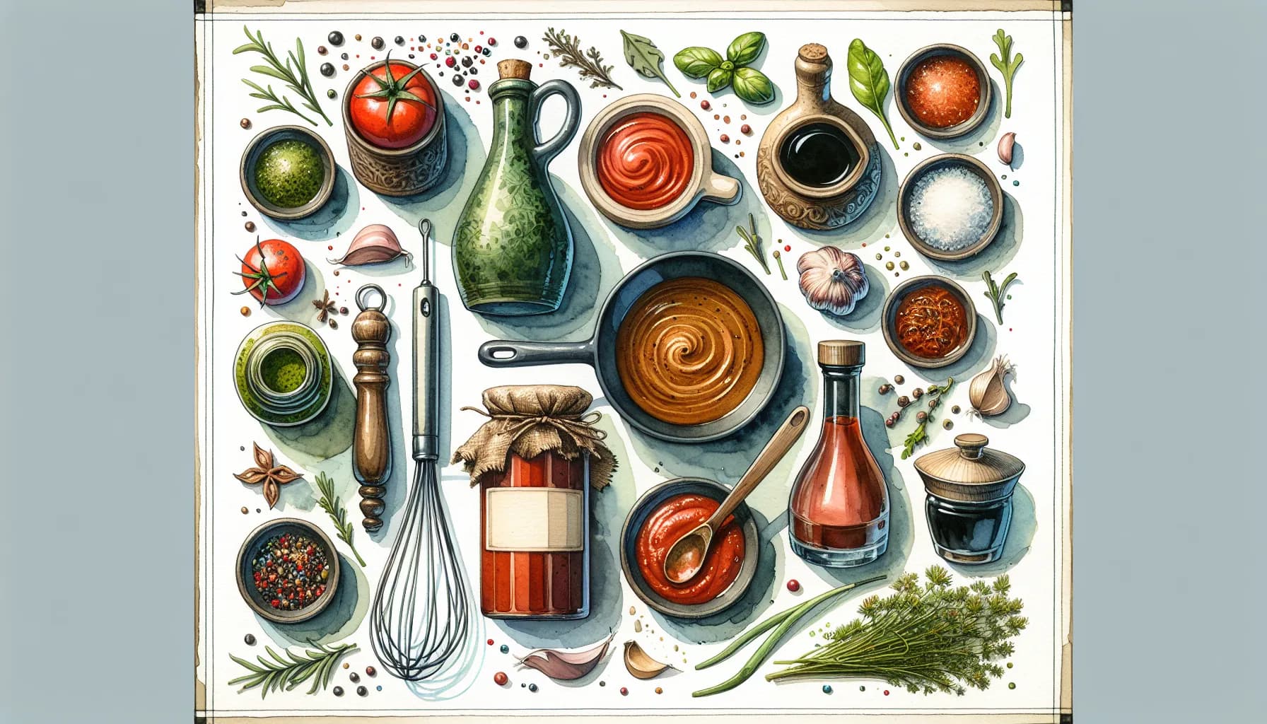 An assortment of fresh ingredients and traditional culinary tools, delightfully arranged to inspire cooking creativity