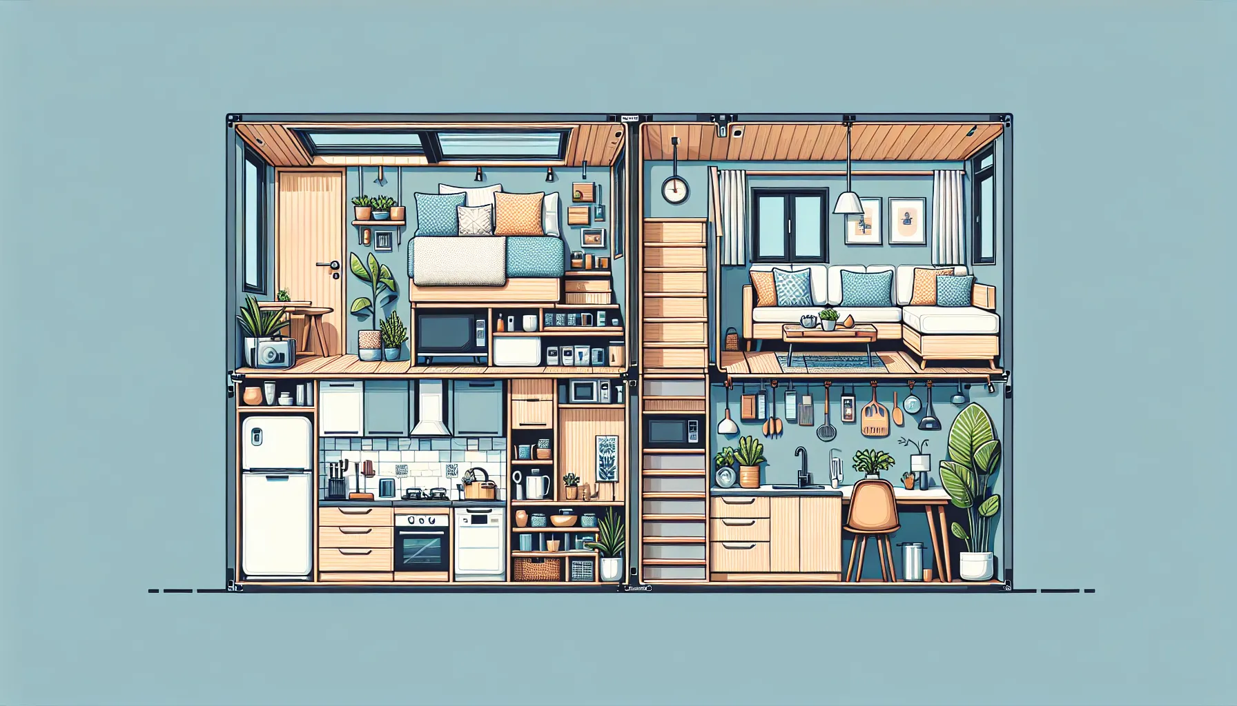 A cozy and detailed cutaway of a two-story apartment, showcasing a snug and stylish urban life.