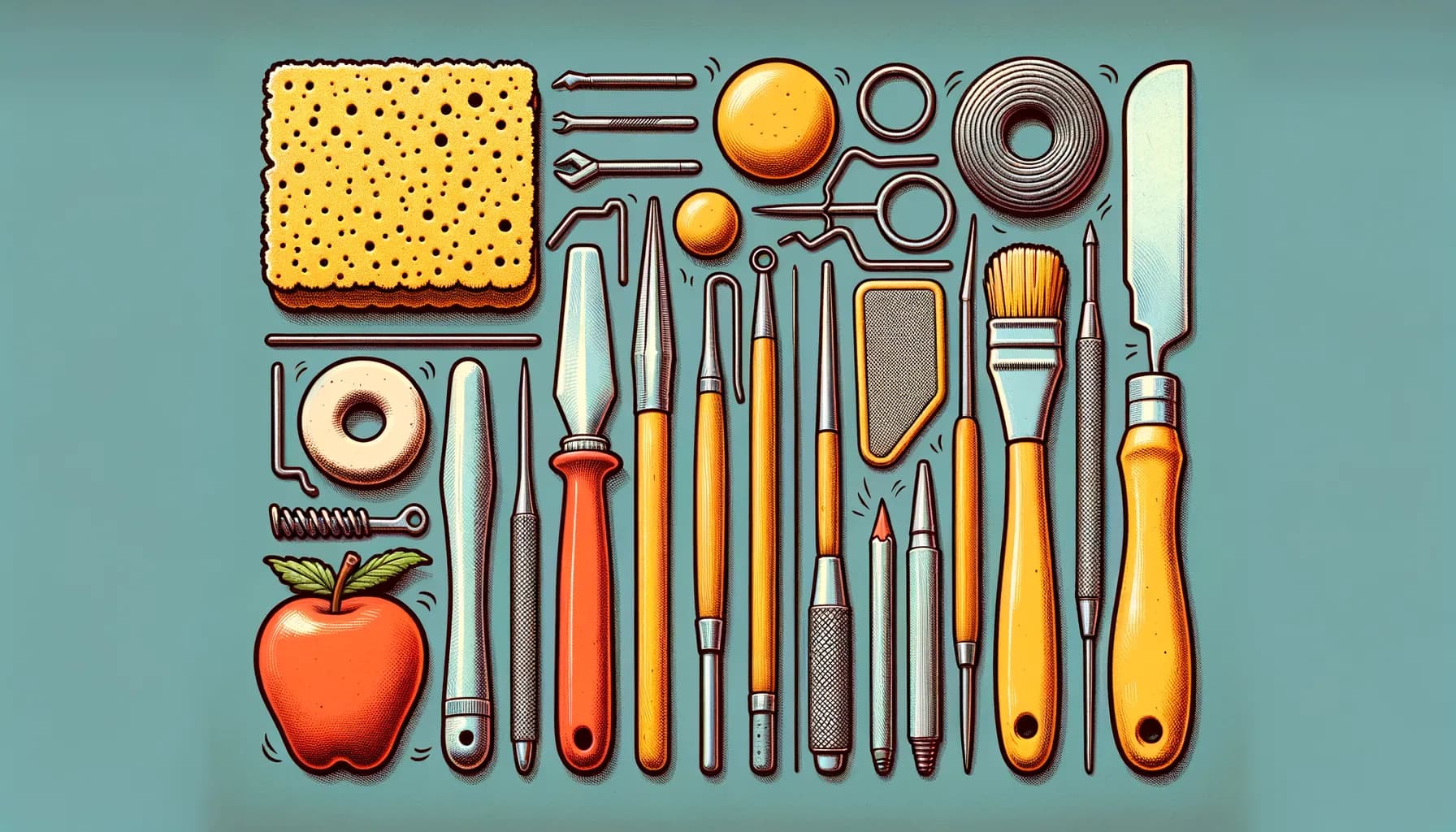 Colorful array of kitchen utensils neatly organized against a teal background