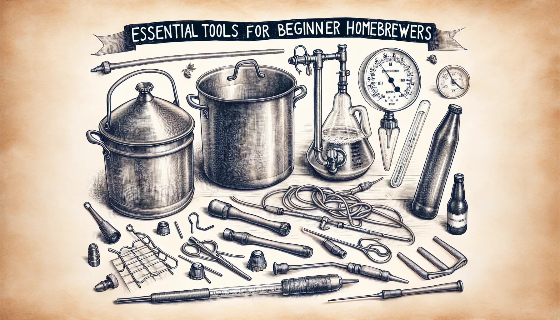 Essential tools for beginner homebrewers featuring pots, thermometer, bottles, and various brewing instruments