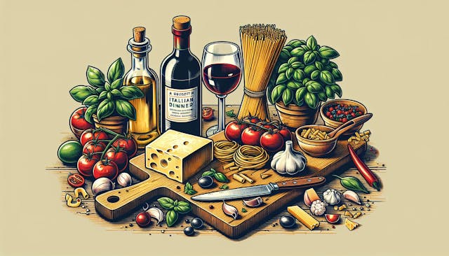 A feast for the senses with Italian culinary delights, featuring wine, cheese, pasta, and fresh vegetables set for a gourmet experience