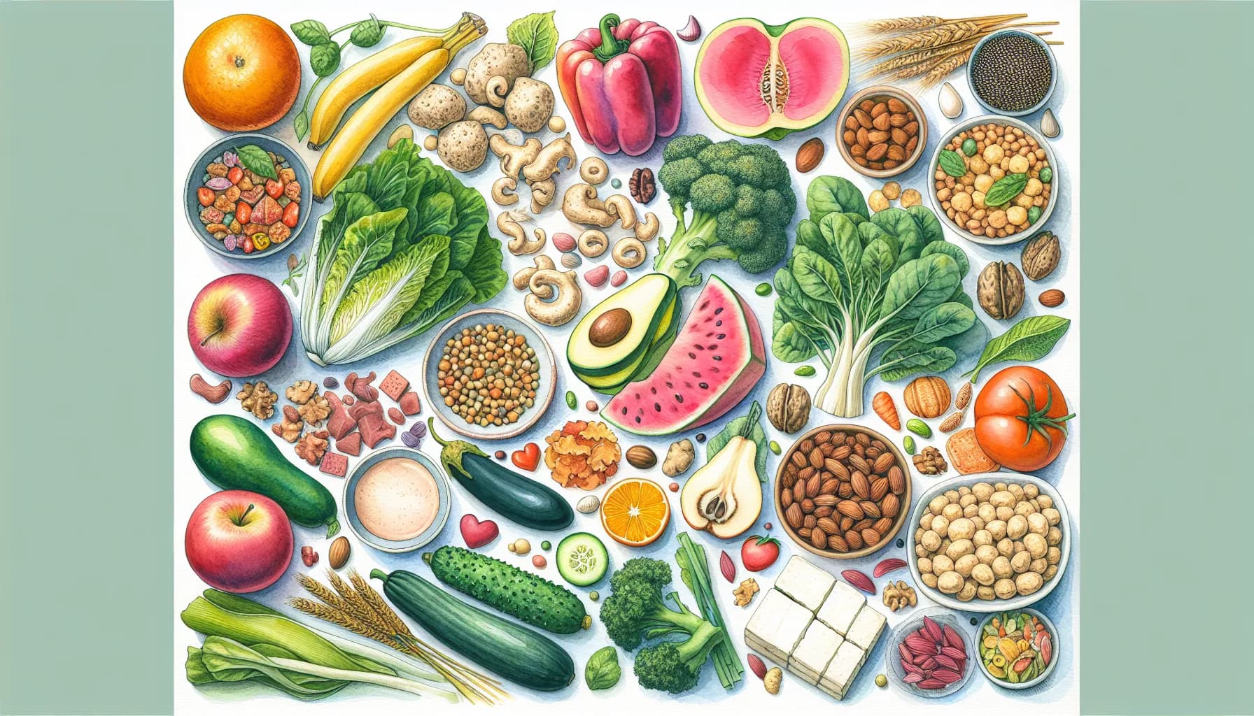 A colorful assortment of fresh fruits, vegetables, legumes, and nuts laid out in a vibrant display of healthy eating options