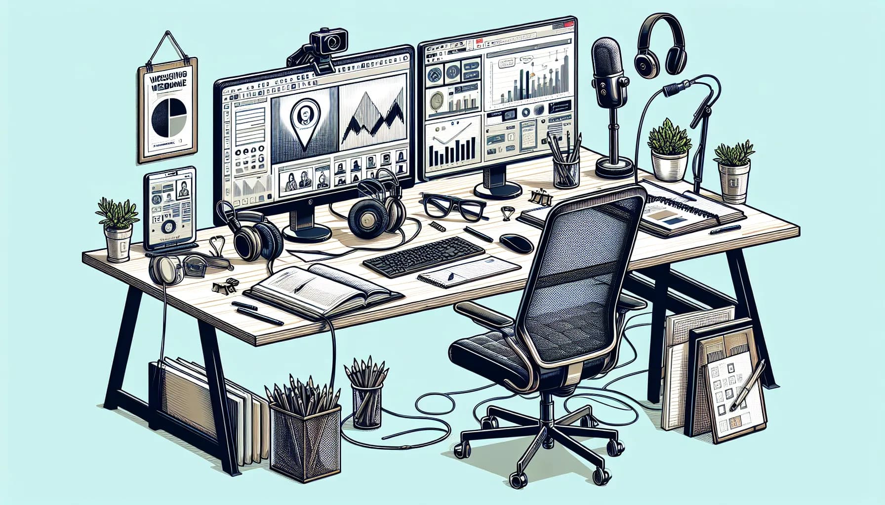 The ultimate workstation setup for creative professionals, complete with dual monitors, drawing tablet, and clutter-free organization with a touch of greenery