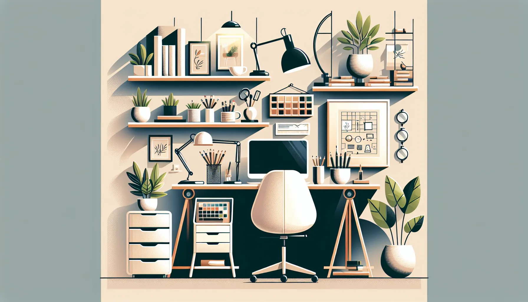 A cozy and stylish home office setup filled with plants, books, and art, perfect for a productive day.