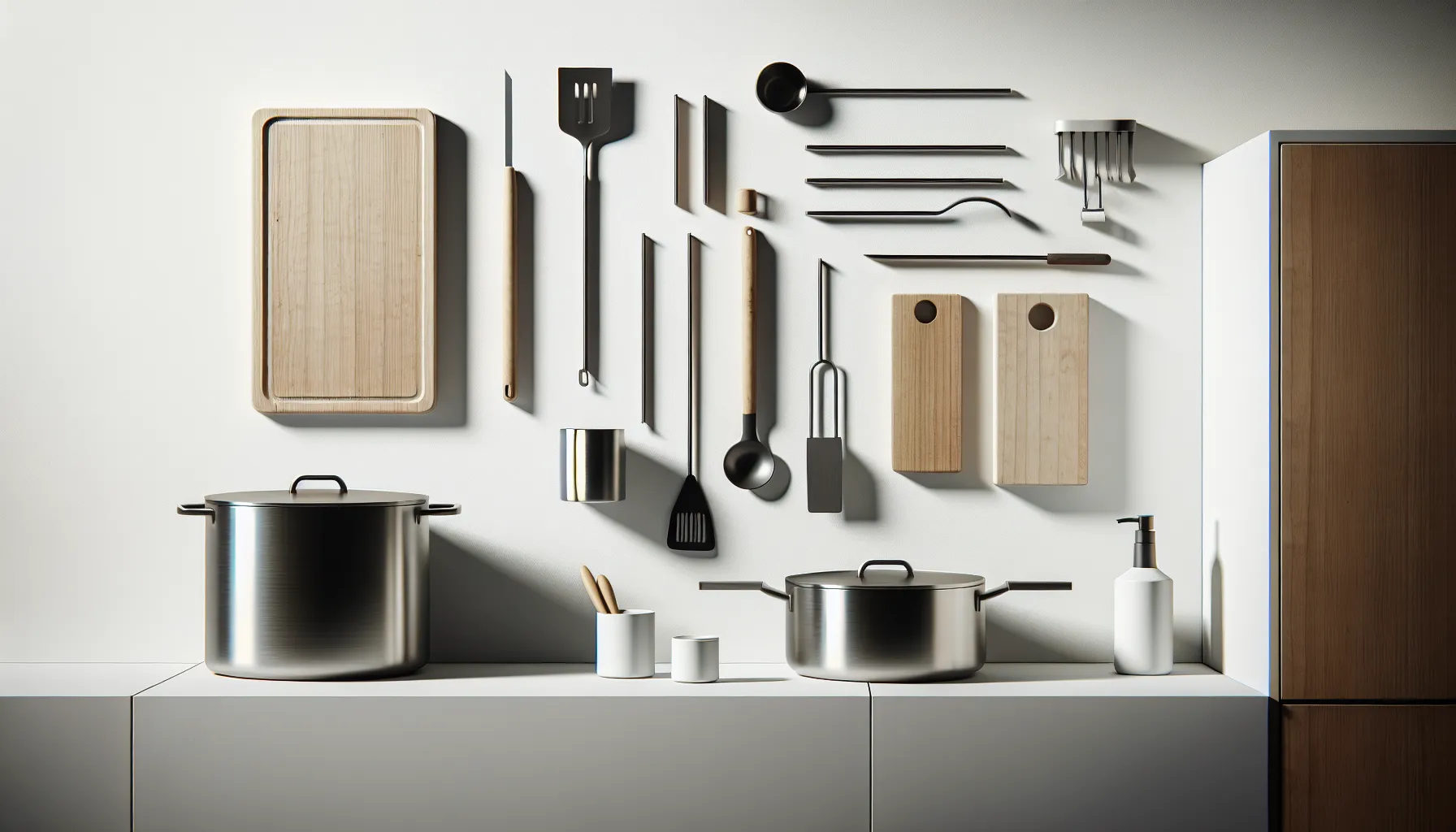Neatly organized modern kitchen tools on a minimalist backdrop