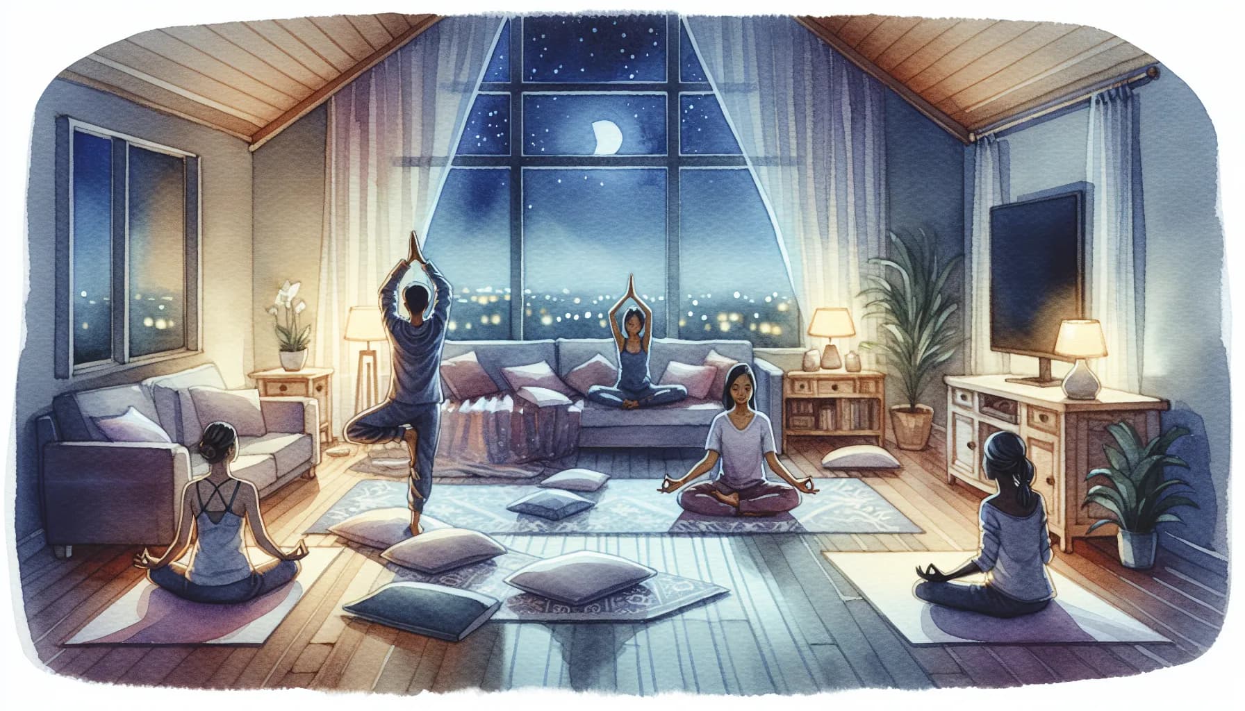 Three women practicing yoga in a serene attic room with a stunning view of the night sky through the large window