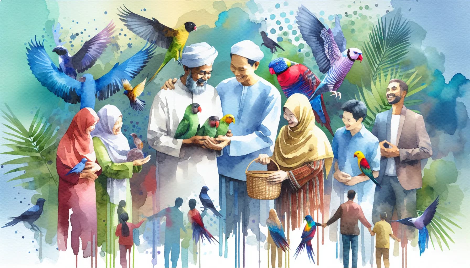 A vibrant gathering of diverse people sharing moments of joy with colorful birds under a bright, artistic sky