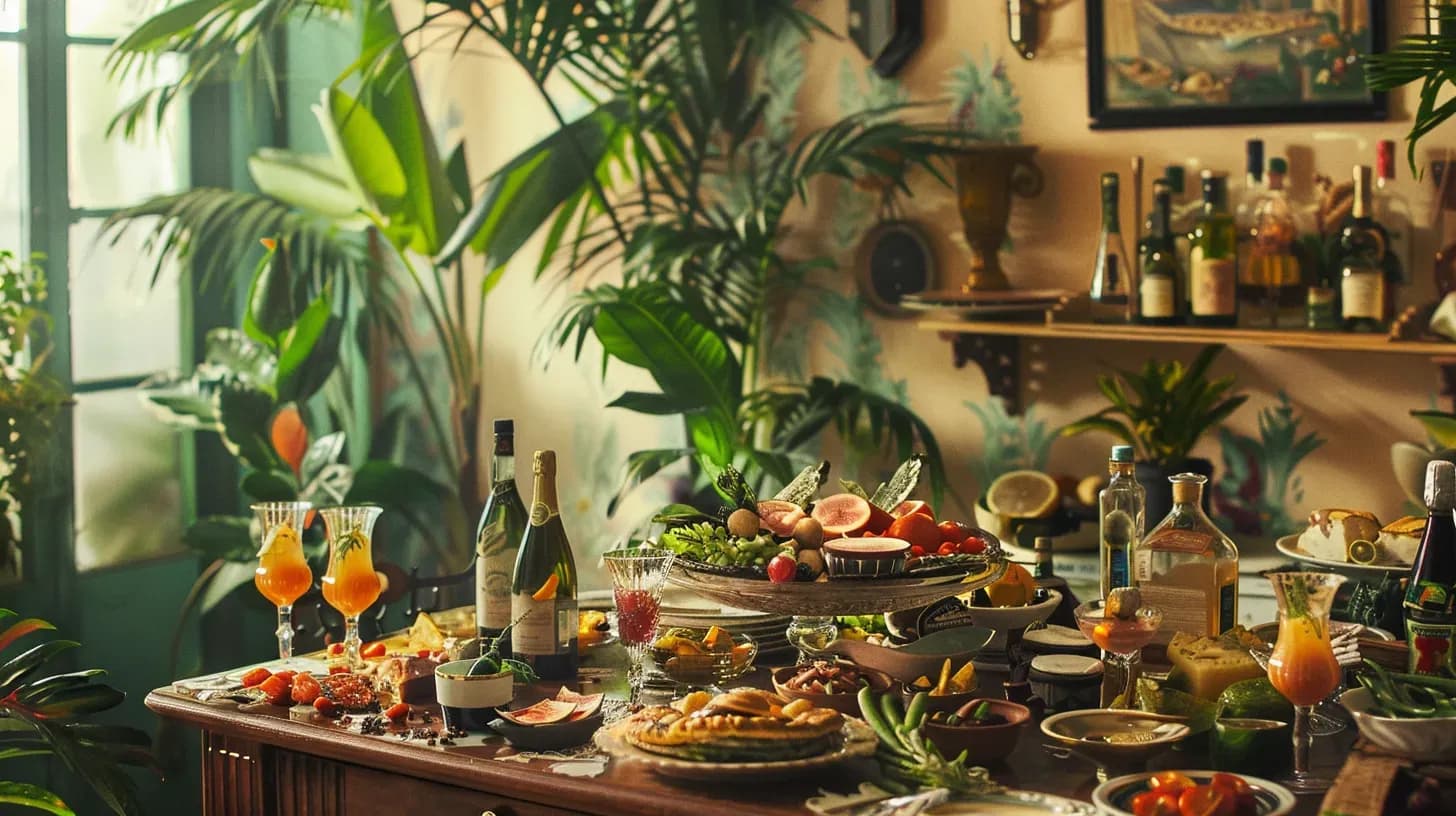 A colorful, sunlit, bohemian-style cafe with a bar, tables, chairs, and decorative plants.