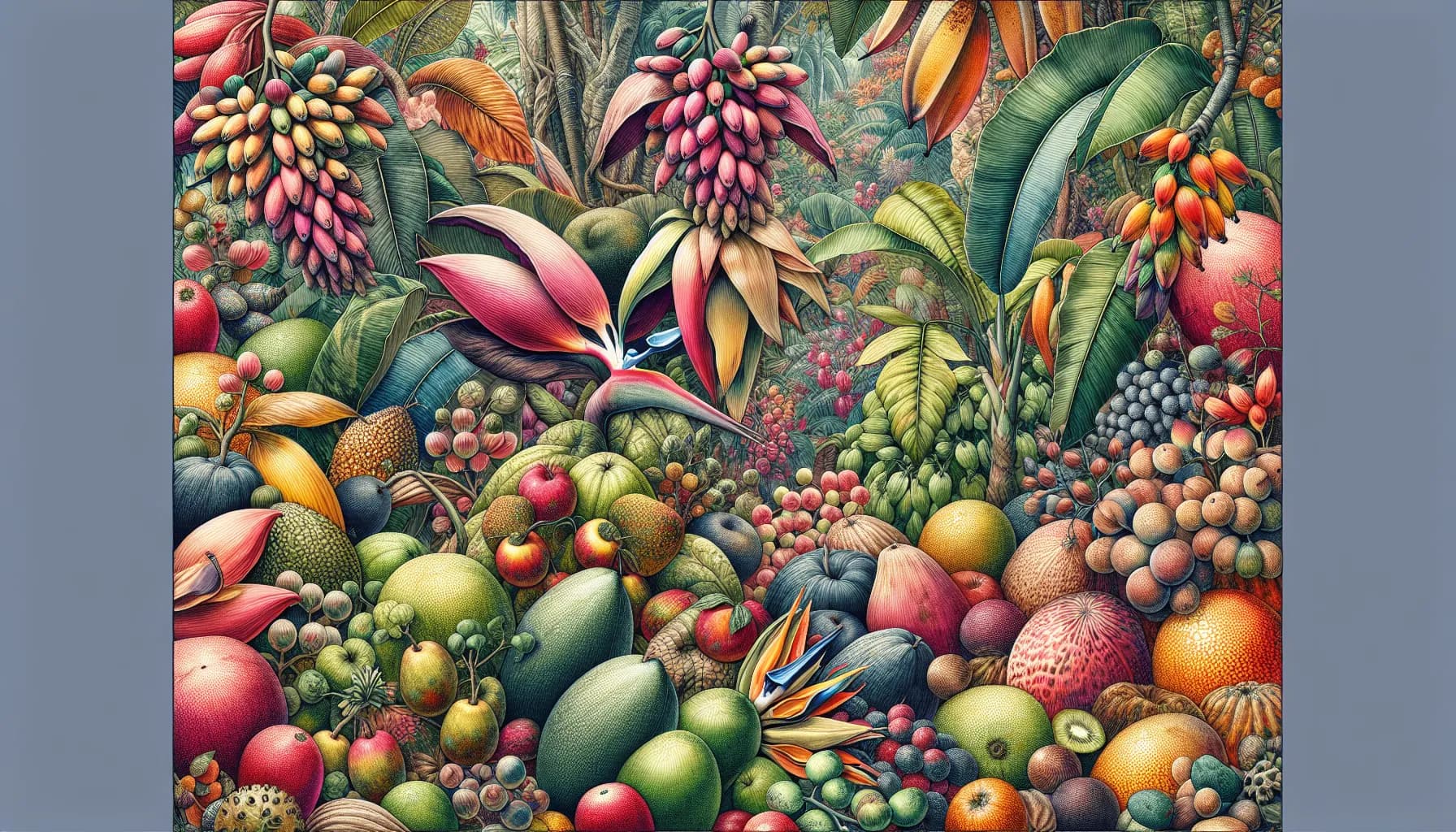 A vibrant mosaic of tropical fruits creating a lush, colorful tapestry of nature's bounty.