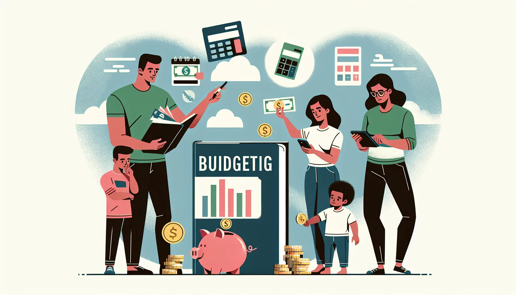 Family of four engaging in financial planning and budgeting with charts, calculators, and money symbols, teaching young children the value of money management