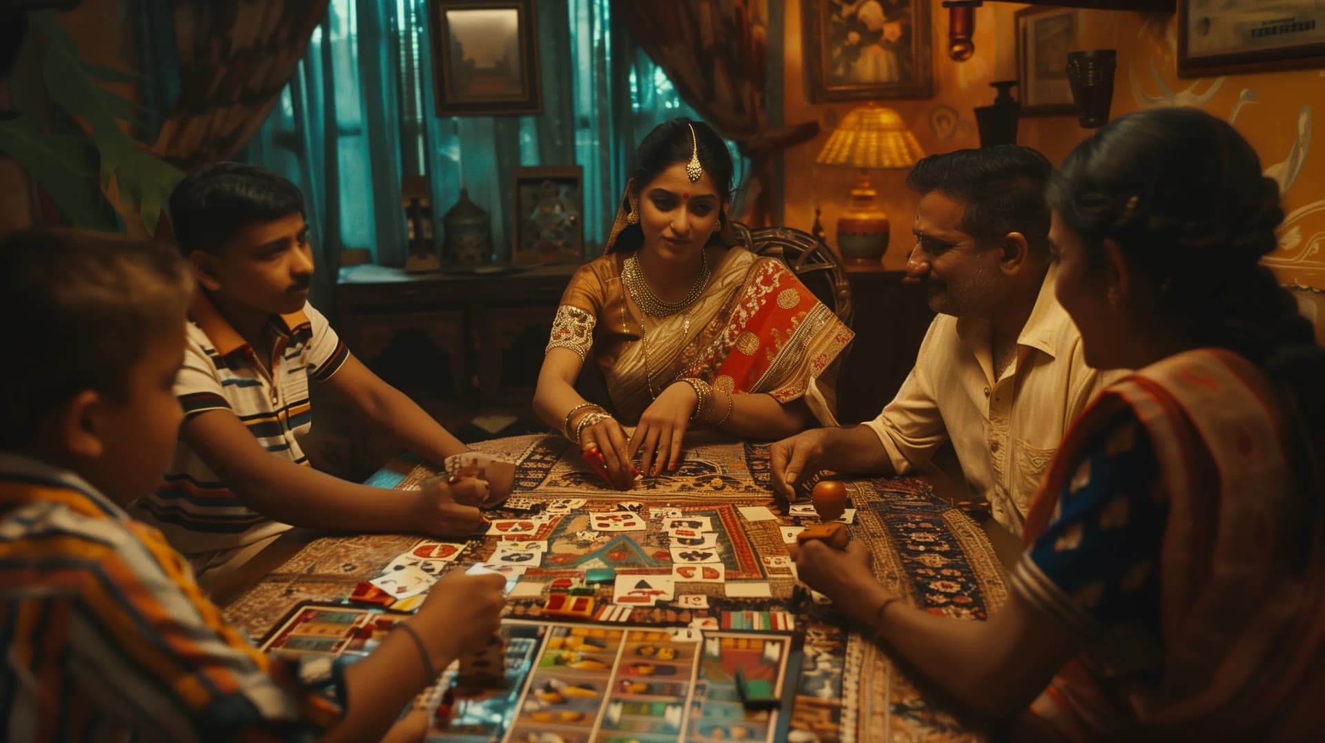 Three people at a table with a Mahjong game set, in a room bathed in warm light.