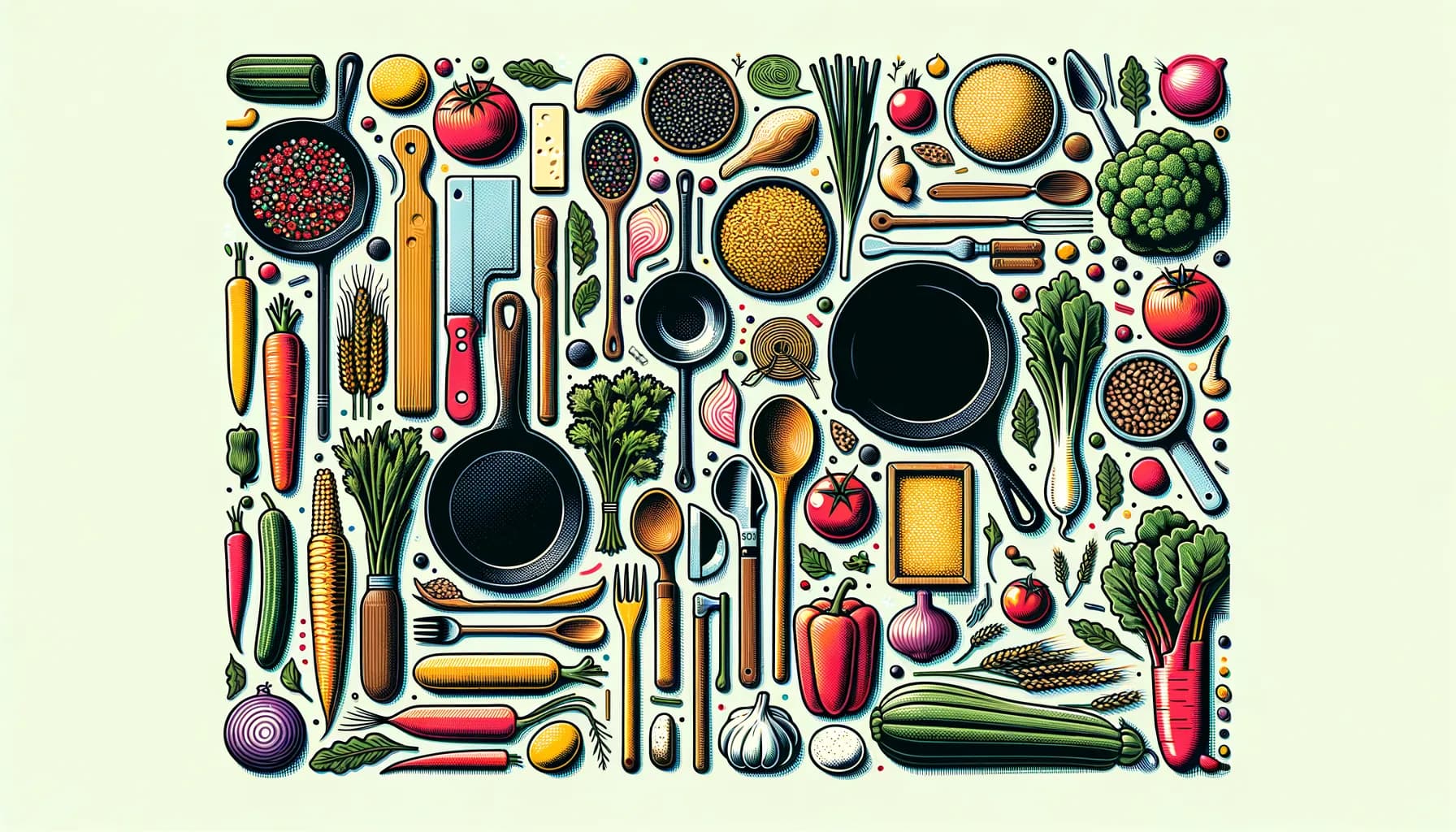 A colorful array of cooking ingredients and utensils neatly organized in a grid, celebrating the art of culinary preparation.