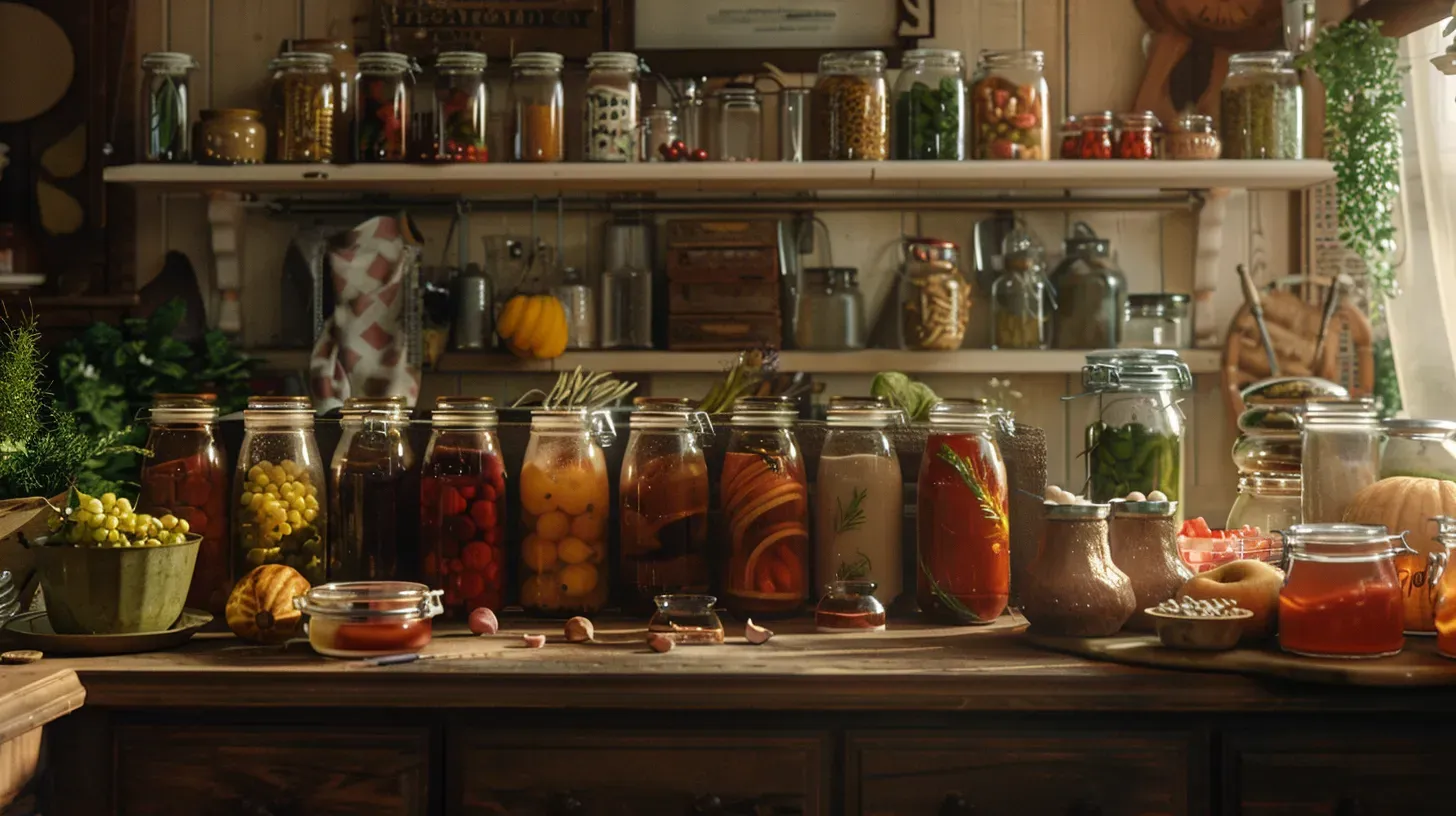 A rustic kitchen with shelves of various preserved foods in jars and fresh produce.