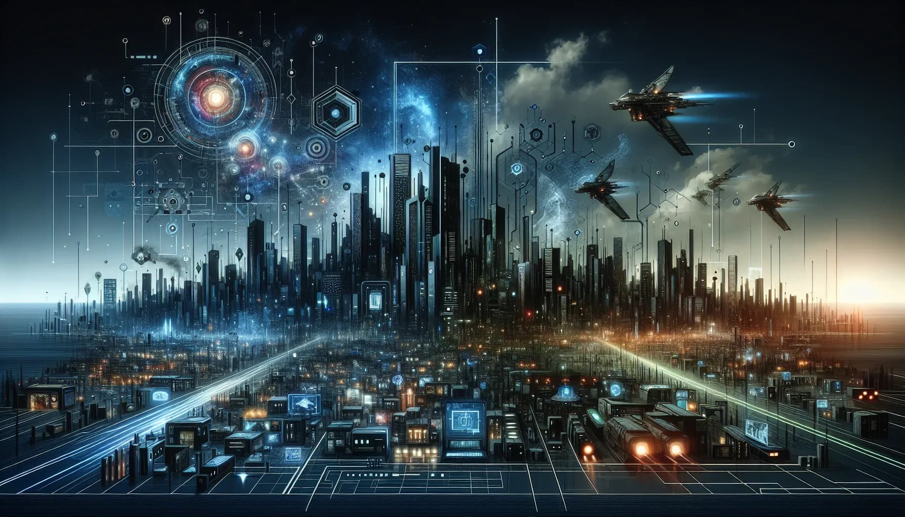 Futuristic cityscape at dusk, illuminated with neon and bustling with flying vehicles and digital interfaces, showcasing a blend of advanced technology and urban architecture.