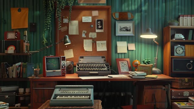 A vintage-style room with a typewriter, desk, bookshelf, old TVs, and a bulletin board.