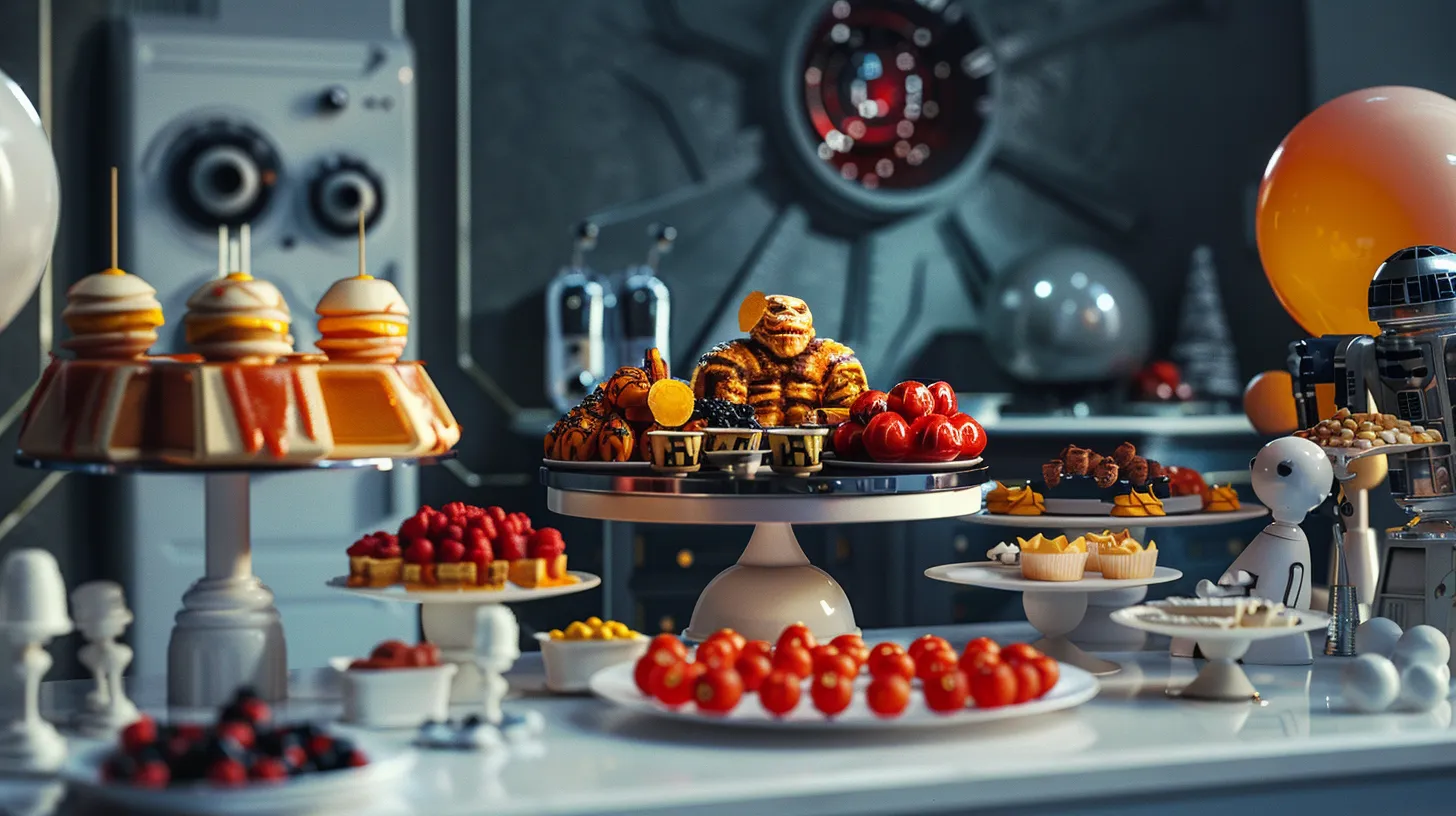 Futuristic themed dessert buffet with a variety of sweets and robotic servers in a modern kitchen setting.